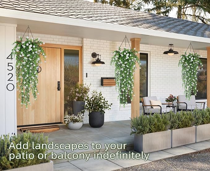 RECUTMS Artificial Hanging Plants Fake Hanging Plant Faux Eucalyptus Leaf Greenery Vine Outdoor UV Resistant Plastic Plants Home Garden Wedding Party Indoor Outdoor Decorations(White)