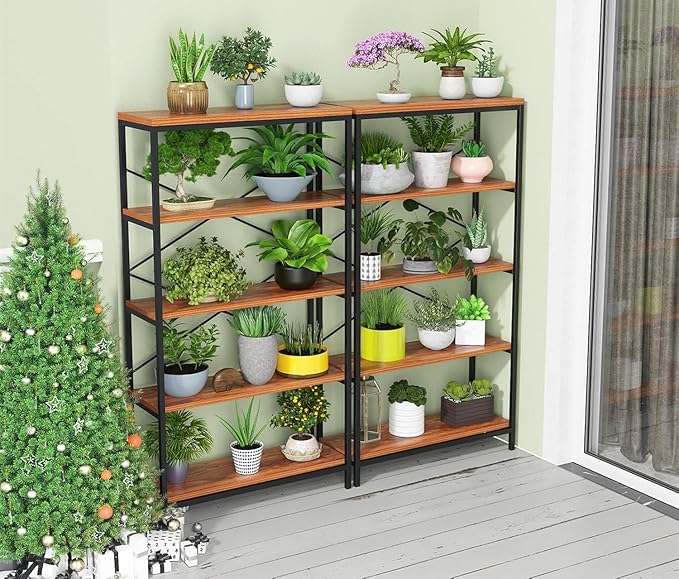 Himimi Industrial Bookshelf 5-Tier Set of 2, Bookcase 58" H Ladder Shelf, Storage Shelves Rack Shelf Unit, Accent Furniture Metal Frame, Home Office Furniture, Vintage Brown（2PCS）