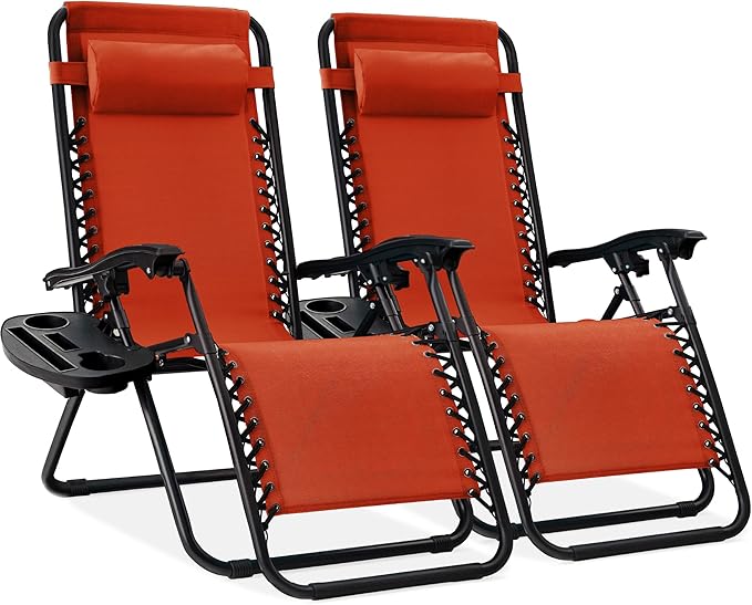 Best Choice Products Set of 2 Adjustable Steel Mesh Zero Gravity Lounge Chair Recliners w/Pillows and Cup Holder Trays - Burnt Orange