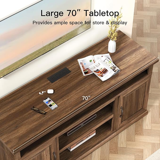 Marsail Modern Farmhouse TV Stand, Entertainment Center with Storage Cabinets, Adjustable Shelves and Power Outlets for Televisions up to 80 Inch, TV Console Table for Living Room, Brown