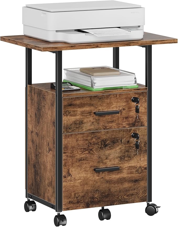 2 Wood Drawer Lockable File Cabinet with 22'' Extended Desktop, Mobile Filing Cabinet with Side Bag, Rolling Printer Stand, Fits A4&Letter Size, Home Office, Rustic Brown