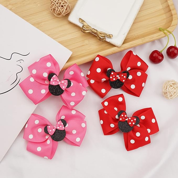 Ayesha Mouse Ears Hair Clips, 4PCS Grosgrain Ribbon Mouse Bow Hair Clips, Polka Dot Bows for Girls, Hair Accessories for Baby Girls, Toddler Kids, Costume Party, Daily Use