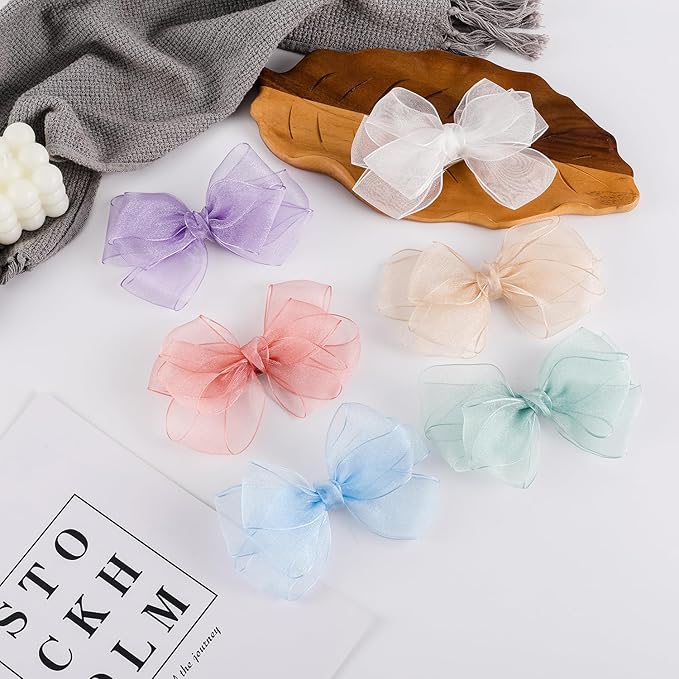 5.5-Inch Organza Double Hair Bows Alligator Clips Hair Accessories for Girls Toddler Kids Children Teens -White