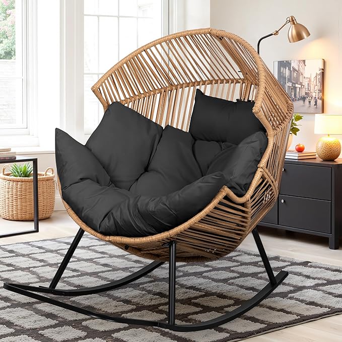 Vongrasig Wicker Rocking Egg Chair PE Rattan with Cushion, Oversized Patio Lounge Rocker Chair for Outdoor, Indoor, Balcony, Backyard, Garden, Black
