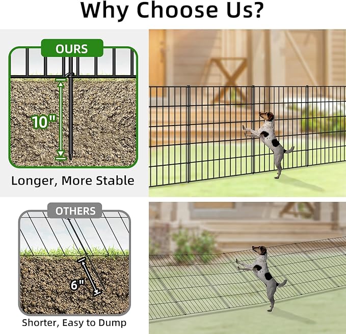 Metal Garden Fence 33.3in (H) x 23.3ft (L), 10 Panels + 11 Stakes Dog Fence Border Fence Animal Barrier, No Dig Garden Fencing for Yard Flower Bed Lawn Patio Outdoor, PIN332810 Black