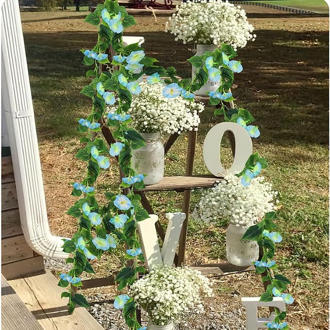 CISDUEO 2 Pcs Artificial Vines for Outdoors Silk Morning Glory Vines 15Feet Hanging Plants Blue Flowers Garland Fake Green Plant Morning Glories for Home Decor Wall Fence Wedding Hanging Baskets