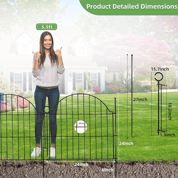 Decorative Metal Garden Fence with Gate Lock 5 Panels, 24in (H) x 10ft (L) No Dig Dog Fence Outdoor for Yard, Temporary Rustproof Metal Wire Rabbit Dog Garden Border Fencing for Patio