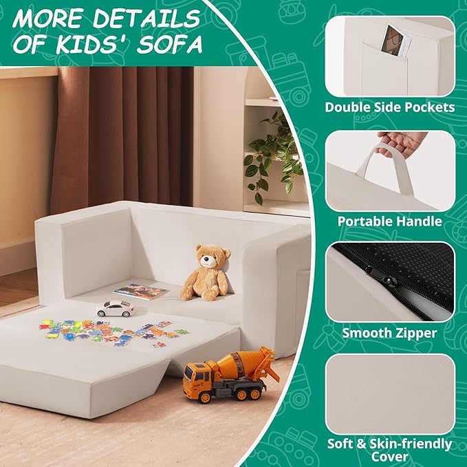 Kids Couch, 2-in-1 Toddler Chair Comfy 1-3 Years, Convertible Kids Chair, Toddler Couch That Fold Out, Kid Lounge Chairs for Boys and Girls, Soft Coral Fleece, Double, Beige