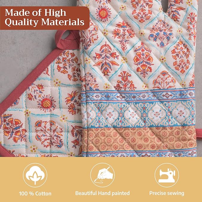 Maison d' Hermine 100% Cotton Oven Mitt & Pot Holder Set (7.5"x13" & 8"x8") Heat Resistant BBQ Cooking Gloves with Loop for Thanksgiving Christmas Decorations Handling Hot Pans (Romane)