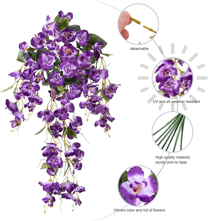Artificial Hibiscus Fake Hanging Flowers Plants for Outdoors Spring Summer Decor, 4pcs Purple Silk Hibiscus Long Trailing Vines UV Resistant Realistic Faux Flower for Outside Front Door Porch Patio