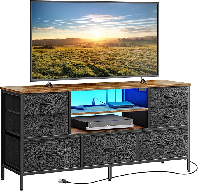 Huuger TV Stand Dresser with Power Outlets and LED Lights, 7 Drawers, 47 Inch Console, Rustic Brown and Black