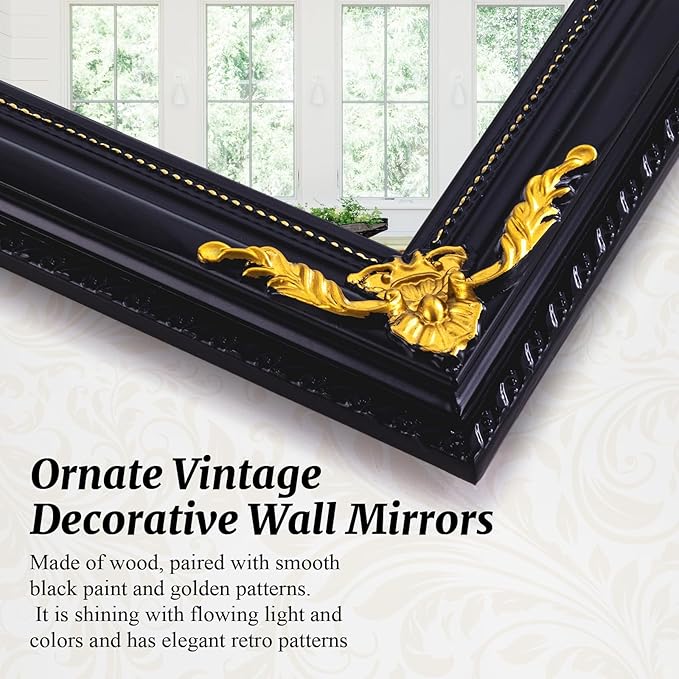Vintage Mirror Wall Decor, 31" x 19" Black and Gold Decorative Antique Mirror with Ornate Baroque Wood Frame for Bathroom, Entryway, Living Room Over Couch