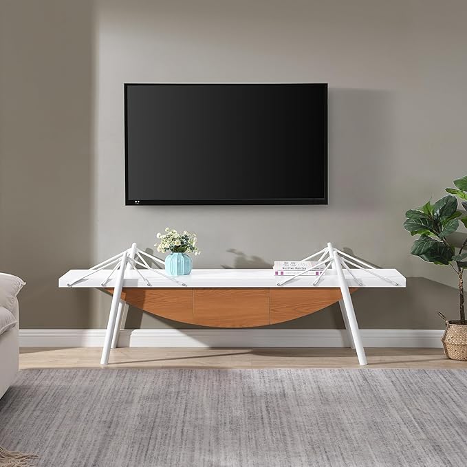1 Tier Modern Boat-Shaped Bookshelf with Drawer, White & Brown, 70.9" Long Horizontal Low Shelf for Storage Display Decoration, Sturdy MDF & Metal Industrial Frame, for Living Room