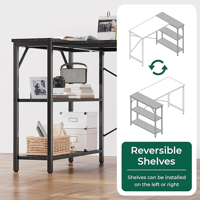 Huuger L Shaped Desk, 39 Inches Computer Desk with Reversible Storage Shelves, Gaming Desk, for Corner Home Office Writing Study, Metal Frame, Black