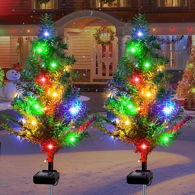 Solar Christmas Tree Outdoor Decor, Waterproof Solar Xmas Decorations Garden Stake Lights, Multi-Color LED Artificial Prelit Christmas Décor for Outside Landscape Pathway Porch Yard Holiday (4 pcs)