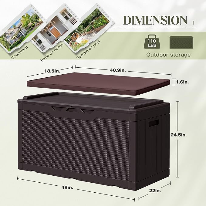 Greesum 100 Gallon Resin Deck Box Large Outdoor Storage with Cushions for Patio Furniture, Garden Tools, Pool Supplies, Weatherproof and UV Resistant, Lockable, Dark Brown