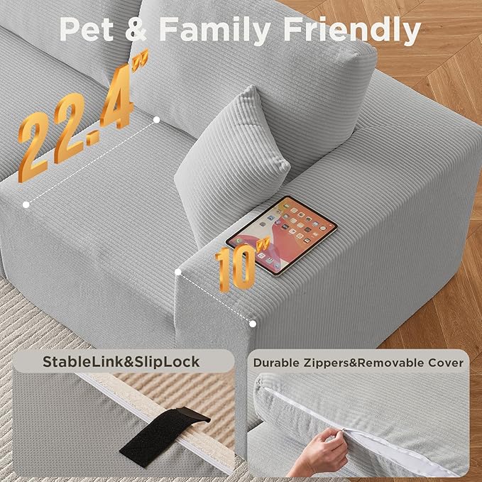 INGEROOM 79" Cloud Couch, Loveseat Sofa with Deep Seat, Modern Plush Corduroy Small Couch for Living Room Bedroom（Gray）