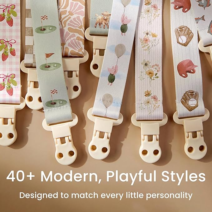 Stadela Baby Fabric Pacifier Clip Holder, Plastic Clip, 4‑Pack, Safari Pattern, Savanna Set