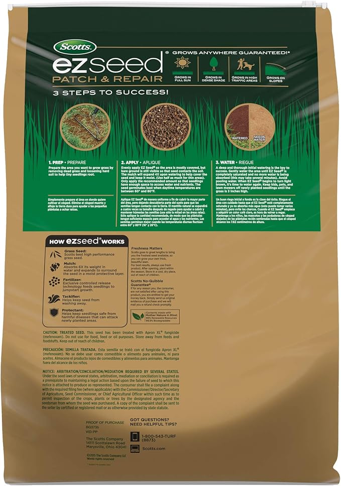 Scotts EZ Seed Patch & Repair for Sun and Shade Combination Mulch, Sun and Shade Grass Seed and Fertilizer for Bare Spots and Repair, Grows Anywhere, 20 lbs.