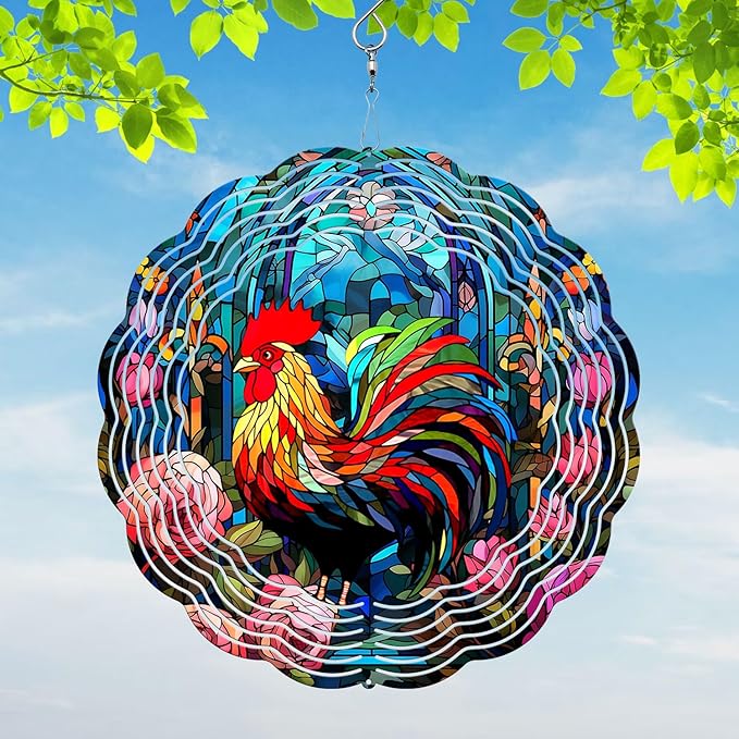 Rooster Yard and Garden Wind Spinner, Unique 3D Hanging Rooster Wind Spinner