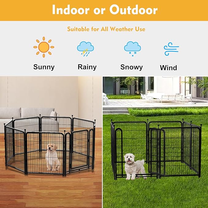 Tall Garden Fence, 32 in(H) 8 Panels Dog Fence Outdoor for Yard. Wide Door Low Threshold Total 17.7 Ft(L), Metal Dog Pen Heavy Duty Pet Puppy Exercise Pen for Rv Camping Garden Yard