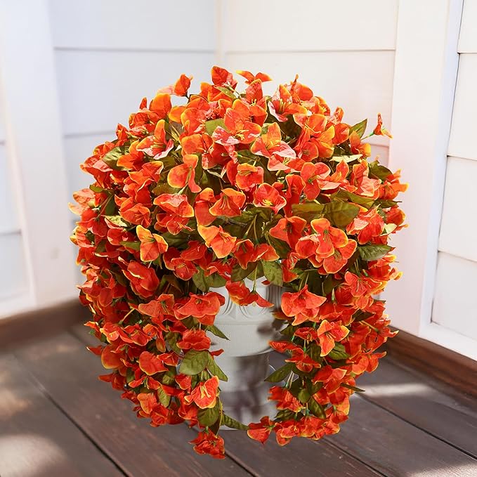 Bougainvillea Artificial Flowers Plants for Outdoors Outside Fall Autumn Decor, 2 pcs Faux Silk Long Trailing Vines UV Resistant Look Real Orange Fake Flowers for Front Door Porch Planter Urn Patio