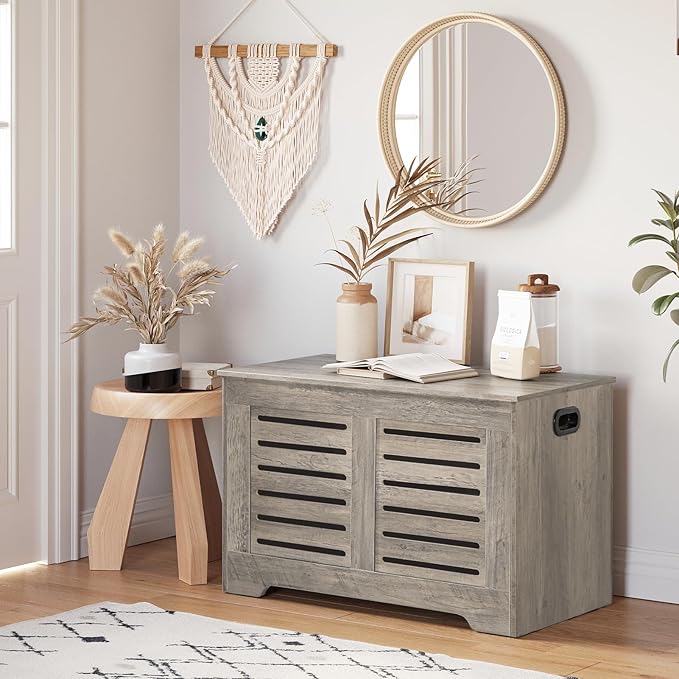 DINZI LVJ Storage Chest, Flip-Top Wooden Toy Box with 2 Safety Hinges, Retro Entryway Shoe Bench, Sturdy Large Storage Trunk for Living Room, Bedroom, Toddler Room, Easy Assembly, Grey Wash
