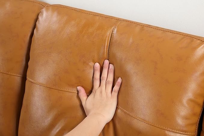 98 Inch L Shaped Sectional Sofa with Chaise Lounge, Storage Ottoman and 2 Pillows, 4-Seaters Faux Leather Upholstered Tufted Couch w/Cupholder & Nailhead Trim for Living Room, Office, Ginger