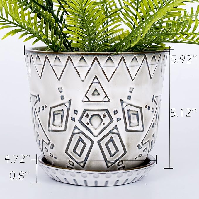 VanEnjoy 5.9 inch Round Bohemian Style Ceramic Planter, Geometry Engrave Off White Brown Succulent Planter Flower Pot, Indoor Outdoor Decorative Planter