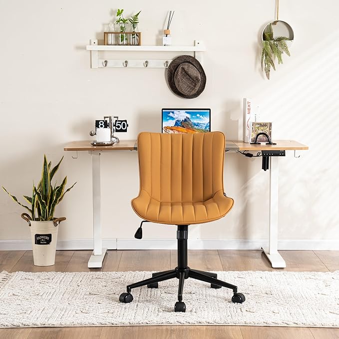 YOUNIKE Ergonomic Home Office Desk Chair with Wheels Comfy Armless Criss Cross Chair with Back Adjustable Height Modern Leather Upholstered Swivel Vanity Chair Small Cute Rolling Task Chair Tan