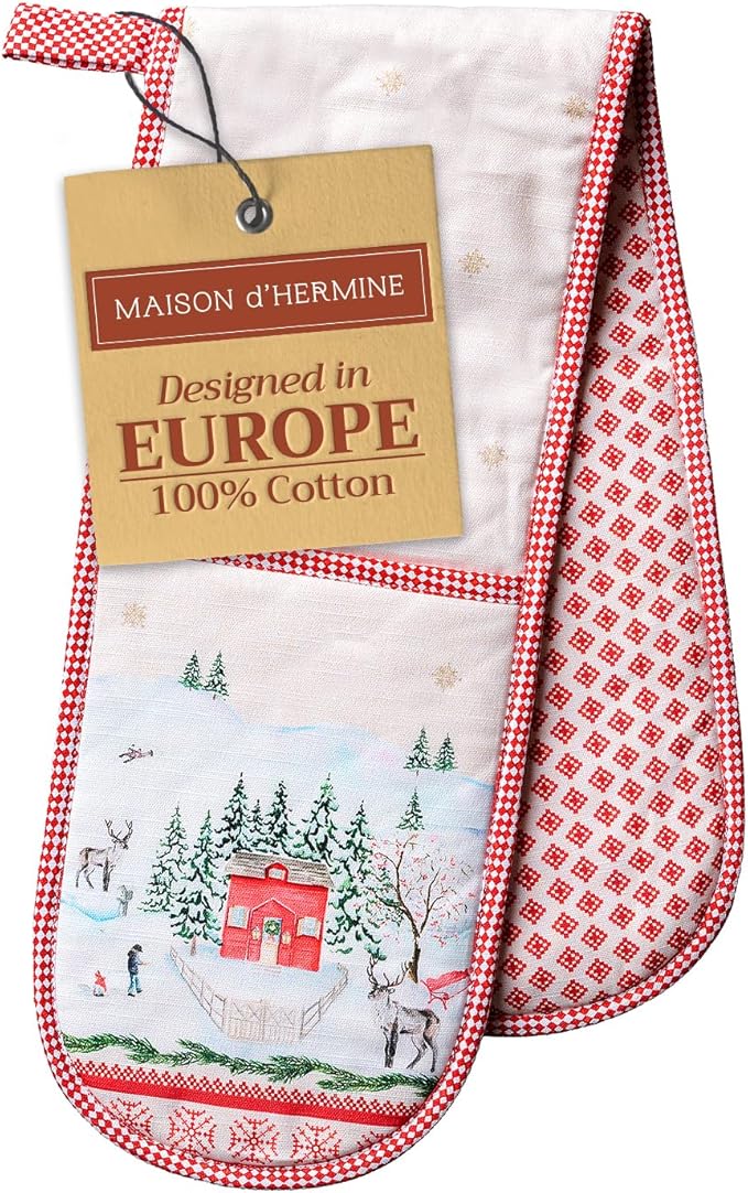 Maison d' Hermine Double Oven Mitt (7" x 35") 100% Cotton Heat Resistant BBQ Cooking Gloves with Loop for Thanksgiving Christmas Decorations Baking Cooking Barbeque Handling Hot Pan (Rural Christmas)