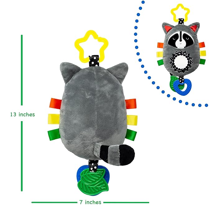 Squish 'N Play Raccoon Activity Toy- Multi-Sensory Learning Baby Toy - Stroller Toy, Car Seat Toy, Tummy Time Toy, Teether Toy, Baby Gift - with Mirror, Rattle & Taggies