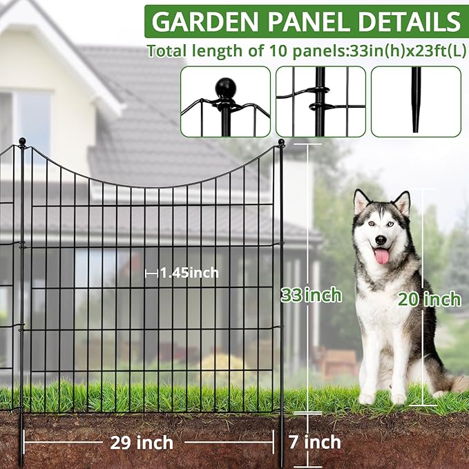 10 Panels No Dig Decorative Garden Fence for Yard, 32 in(H) X 24 ft(L) Rustproof Metal Wire Animal Barrier Fence for Dogs, Rabbits, Landscape Edging, and Patio with 11 Temporary Fencing Stakes