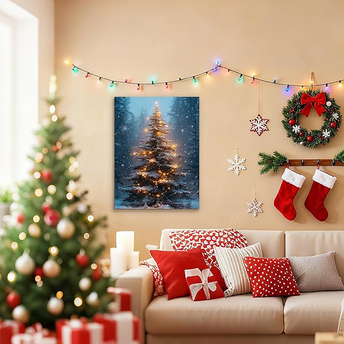 Framed Christmas Pictures Wall Decor,Vintage Pine Tree Prints,Winter Christmas Canvas Wall Art Decoration for Bedroom Bathroom Living Room Rustic Xmas Holiday Gifts (Christmas Tree 3, 20'' X 32'')