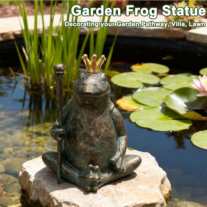 Frog Garden Statue,11.5" H×9.8" L Animal Figurines Garden Decor, Weather-Resistant Outdoor & Indoor Sculptures & Statues for Home,Patio,Yard and Entryway-Seated Frog with Scepter