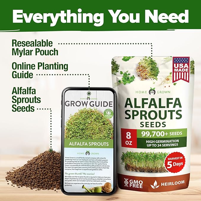 HOME GROWN Alfalfa Sprouting Seeds - Non-GMO USA-Sourced Heirloom Bulk Sprout Seed for Microgreens - Premium Organic Alfalfa Seeds for Sprouting - Indoor Growing Kit - 8 OZ