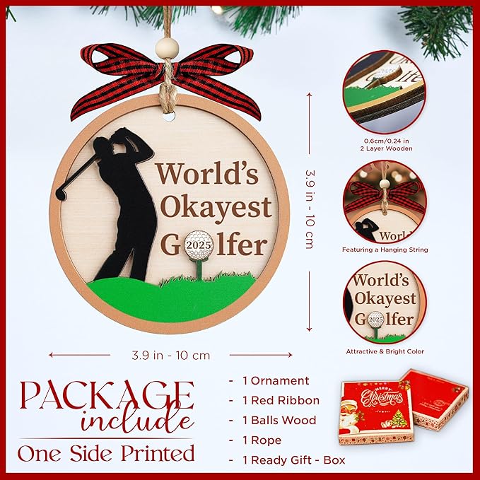 World's Okayest Golfer 2025 Christmas Ornaments - 2 Layer Wooden Christmas Ornament for Tree - Funny Golf Player Holiday Tree Decoration- Golf Gifts for Golfers – Unique Golf Christmas Ornament