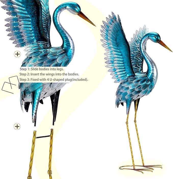 Natelf Garden Crane Statues for Outdoor, Blue Heron Decoy Courtyard Sculptures, Standing Metal Bird Yard Art for Patio Pond Backyard Decor(Set of 2)