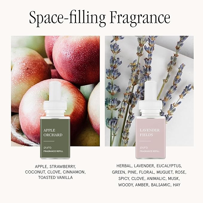 Pura - Smart Home Fragrance Device Starter Set - Pura 4 - Scent Diffuser for Home - Includes Fragrance Aroma Diffuser - Square Box, Apple Orchards and Lavender Fields Scent Refills
