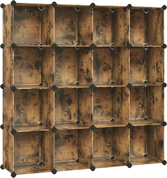 SONGMICS Cube Storage Organizer, Set of 16 Plastic Cubes, Closet Organizers and Storage, Room Organization, Bedroom Living Room, 12.2 x 48.4 x 48.4 Inches, Rustic Brown ULPC442A01