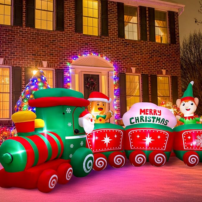 12FT Christmas Inflatables Train Decoration with Santa, Gingerbread Man, Reindeer, Lighted Blow Up Xmas Yard Decor with LED Lights, Holiday Outdoor Lawn Decorations for Garden, Party, Home