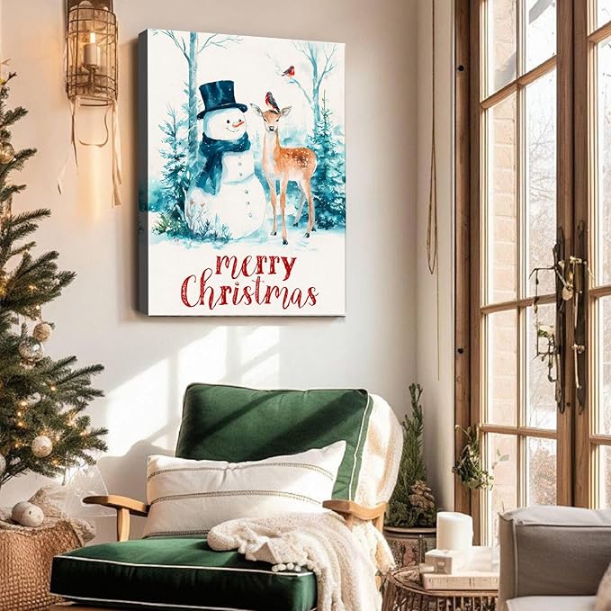 Christmas Snowman with Deer Canvas Wall Art - Rustic Winter Scene Framed Print for Farmhouse Living Room, Cozy Christmas Wall Decor, Ideal Christmas Gifts & Festive Decorations