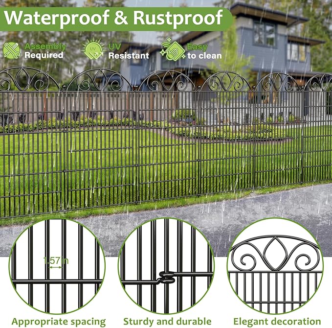 4 Panels No Dig Tall Garden Fence Panel – 48" H X 10.5' L Rustproof Metal Dog Fence Outdoor for Yard, Decorative Animal Barrier Fence for Pet, Garden Border, Patio, Flower Beds| Temporary Fencing