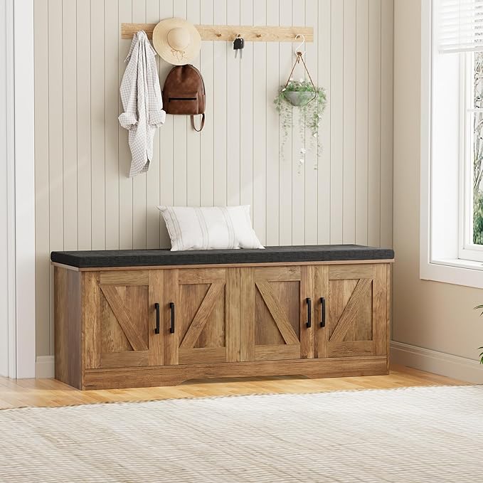 2-Tier Storage Bench, Shoe Bench with Padded Seat Cushion, Entryway Bench with 4 Barn Doors, Adjustable Shelf, 13.8" D x 47.2" W x 17.7" H, for Entryway, Living Room, Bedroom, Rustic Walnut