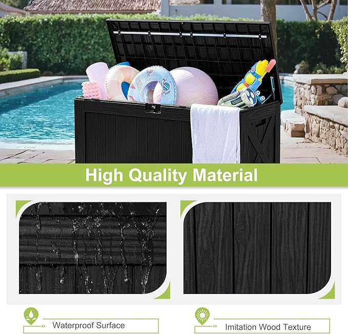 Greesum 120 Gallon Deck Box, Resin Outdoor Storage Container for Patio Furniture, Garden Tools, Pool Accessories, Weatherproof, Lockable, Black