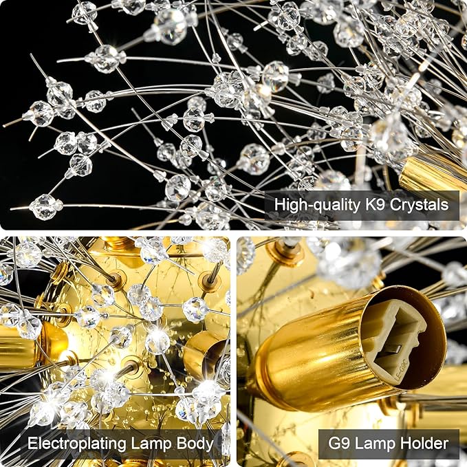 Modern Dandelion Firework Chandelier, Gold Dining Room Chandelier, Crystal Hanging Pendant Lighting Fixture for Living Room, Bathroom, Bedroom, Entryway, 12-Light