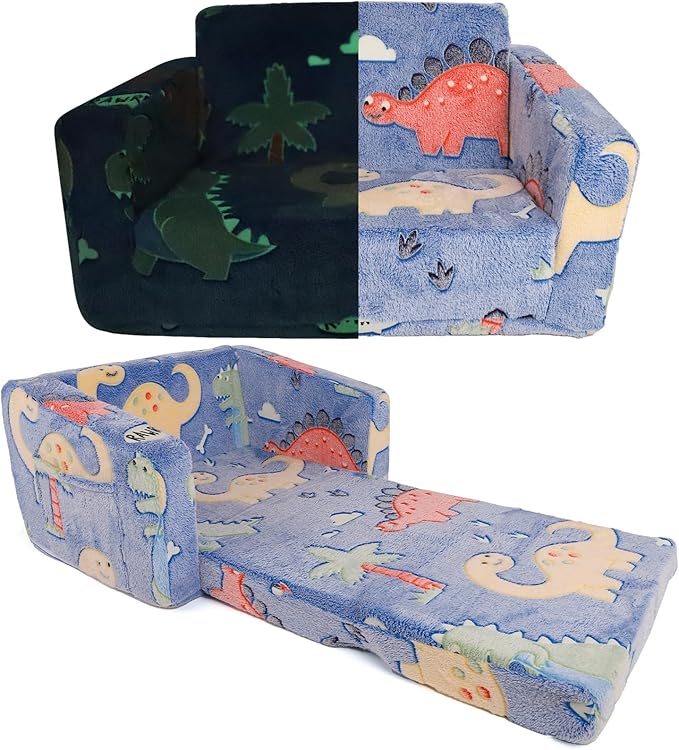 Kids Chairs for Toddler, 2 - in - 1 Toddler Soft Teddy Fleece Couch Featuring Glow - in - The - Dark Elements, Fold Out, Convertible Sofa to Lounger for Girls and Boys - Colorful Dinosaur