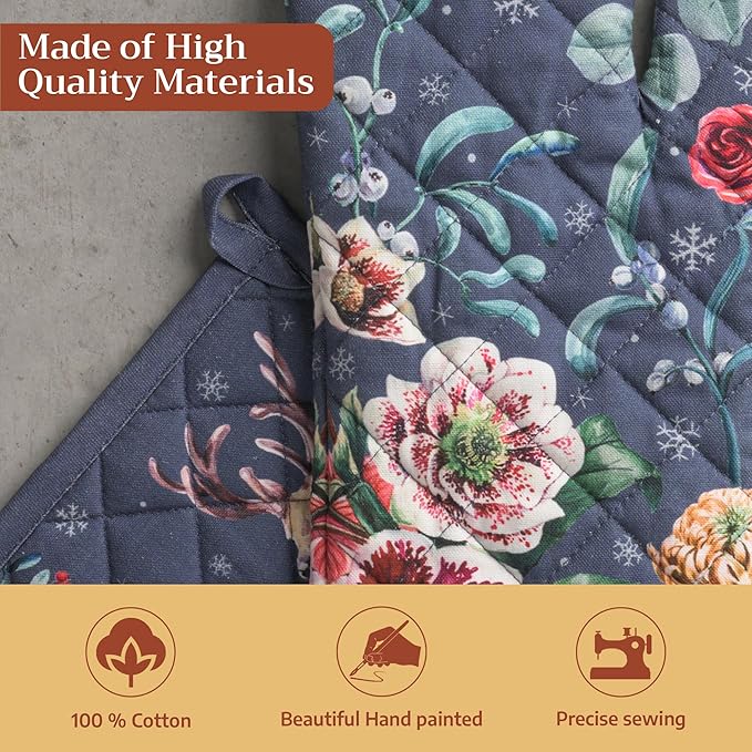 Maison d' Hermine 100% Cotton Oven Mitt & Pot Holder Set (7.5"x13" & 8"x8") Heat Resistant BBQ Cooking Gloves with Loop for Thanksgiving Christmas Decorations Handling Hot Pans (Christmas Joy)