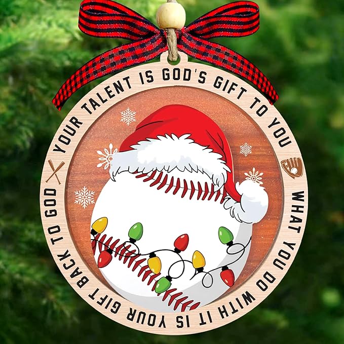 Baseball Christmas Ornaments 2025 - Baseball Ornaments For Christmas Tree - Gifts For Players, Coaches, Fans, Softball Lovers - 2 Layer Wooden Softball Ornament - Sport Lovers Hainging Decor Xmas Tree