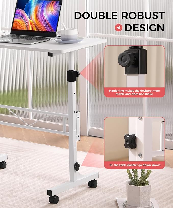 KLSMYHOKI Standing Desk Adjustable Height, Mobile Stand Up Desk with Wheels Small Computer Desk Rolling Desks, Portable Laptop Desk White Standing Table Home Office Desks 16"x31.5" Height 27"-43.5"